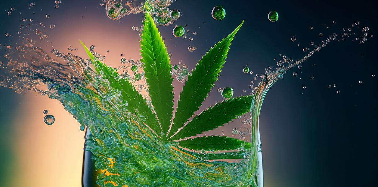 graphic representation of a marijuana leaf splashing into a drinking glass containing liquid.