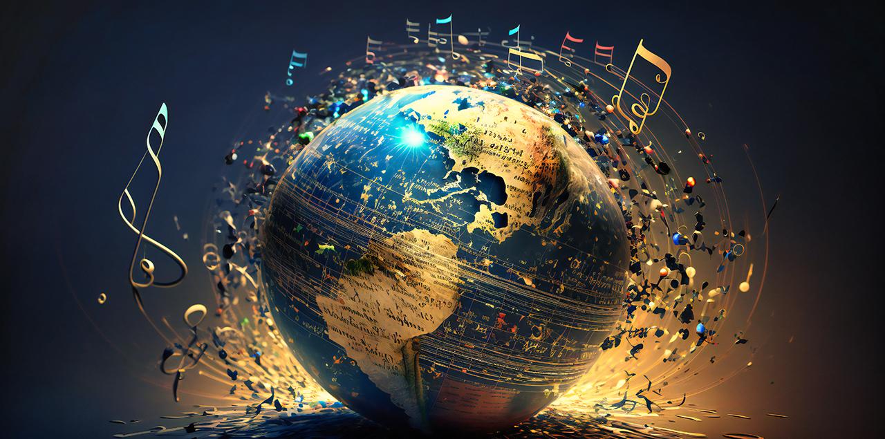 音乐全球背景与音符代表不同的声音在世界各地.